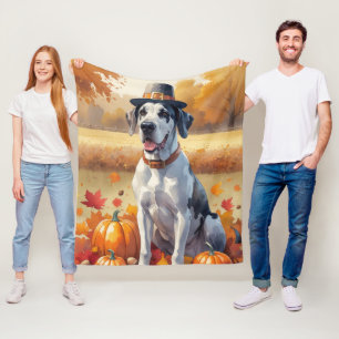 Great Dane in herfstbladeren Thanksgiving Kunst Fleece Deken