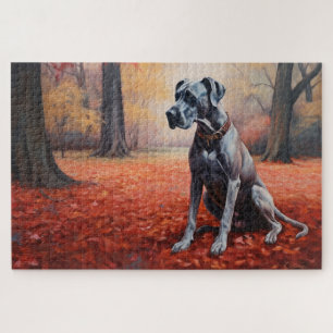 Great Dane in herfstbladeren val inspireren Legpuzzel