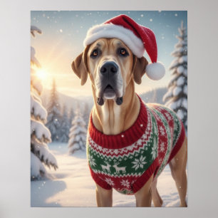 Great Dane in knusse trui in besneeuwde winterscèn Poster