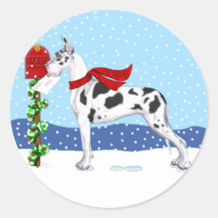 Great Dane KerstMail Harlequin Ronde Sticker