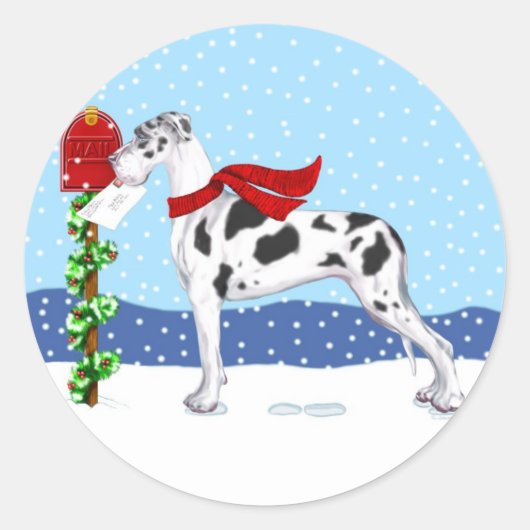 Great Dane KerstMail Harlequin UC Ronde Sticker (Voorkant)