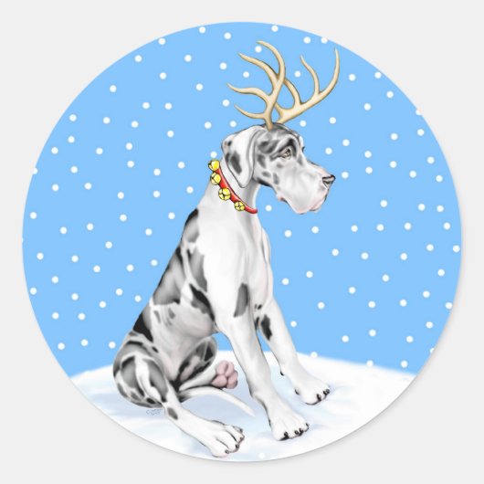 Great Dane Reindeer Kerstmis Harlequin UC Ronde Sticker (Voorkant)