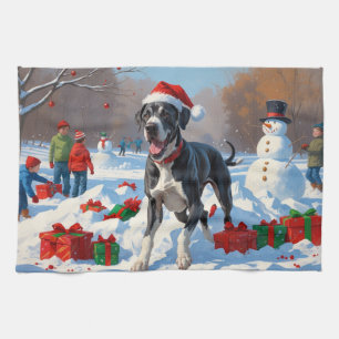 Great Dane Rent in de Sneeuw met Kerstmuts Theedoek