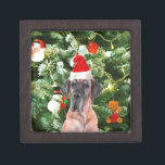 Great Dane w Christmas Tree Cadeaux Boîtes de Noël<br><div class="desc">Un mignon chien de la Grande Danse portant le chapeau rouge du Père Noël et posant devant l'arbre de Noël joliment décoré,  avec des boîtes cadeaux bonhomme de neige,  ours en peluche,  ornements de Noël. Un cadeau parfait pour ce Noël !</div>