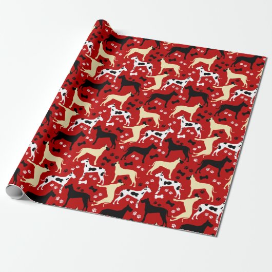 Great Danes Red Pattern Wrapping Paper Cadeaupapier (Uitgerold)