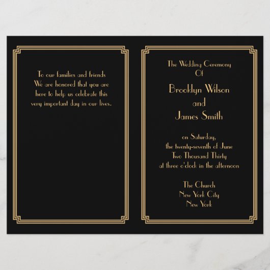 Great Gatsby Art Déco Black Gold Wedding Programme (Devant)