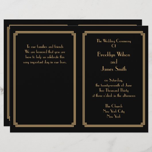 Great Gatsby Art Déco Black Gold Wedding Programme (Devant / Derrière)