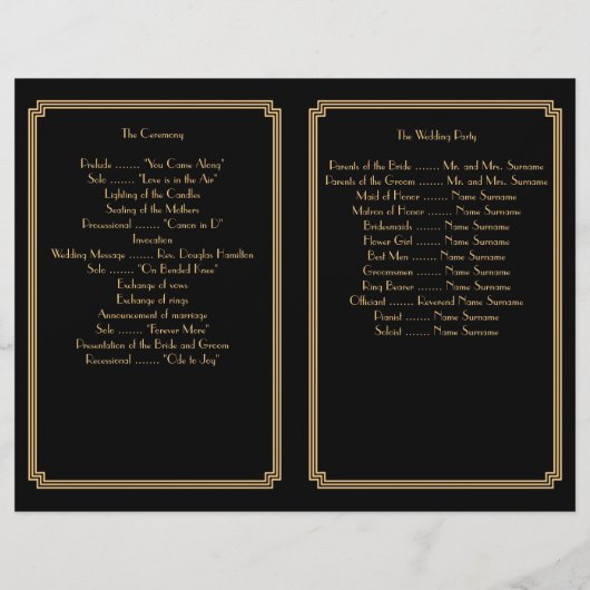 Great Gatsby Art Déco Black Gold Wedding Programme (Dos)