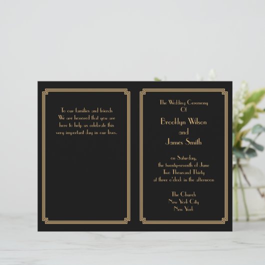 Great Gatsby Art Déco Black Gold Wedding Programme (Debout devant)
