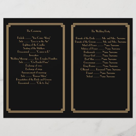 Great Gatsby Art Déco Black Gold Wedding Programme (Dos)