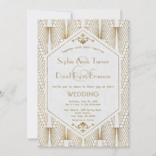 Great Gatsby Art Deco Gold White Wedding Invite Kaart