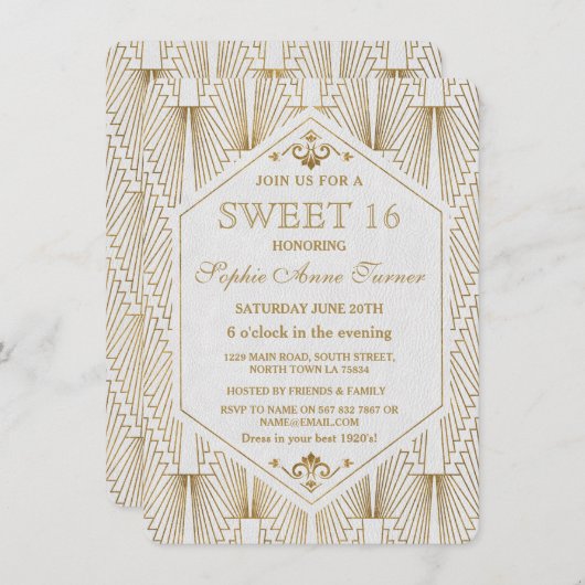 Great Gatsby Art Deco Goud Witte Sweet 16 Uitnodig Kaart (Voorkant / Achterkant)