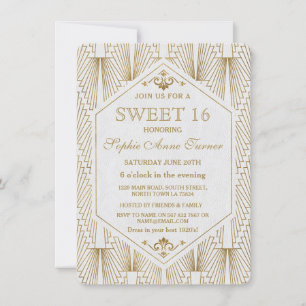 Great Gatsby Art Deco Goud Witte Sweet 16 Uitnodig Kaart