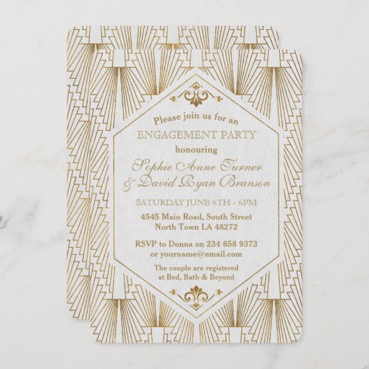 Great Gatsby Art Deco Goud Witte Verloving Feest Kaart (Voorkant / Achterkant)