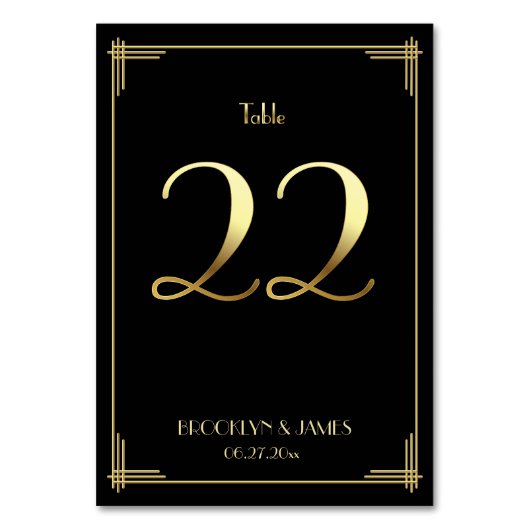 Great Gatsby Art Deco Table Number 22 Gold Black Kaart (Voorkant)