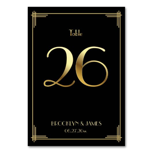 Great Gatsby Art Deco Table Number 26 Gold Black Kaart (Voorkant)