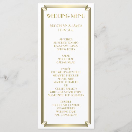Great Gatsby Art Deco White Gold Wedding Menu Kaar (Voorkant)