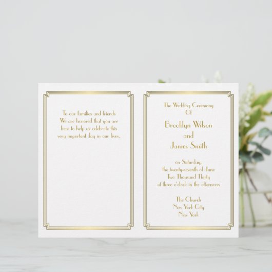 Great Gatsby Art Déco White Gold Wedding Programme (Debout devant)