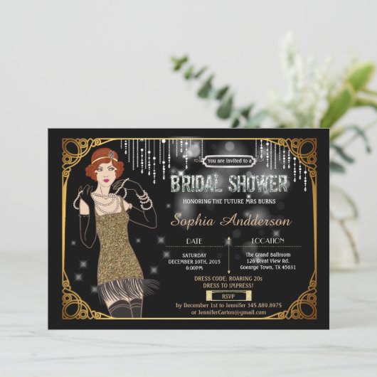 Great Gatsby bruids douche uitnodiging flapper (Staand voorkant)