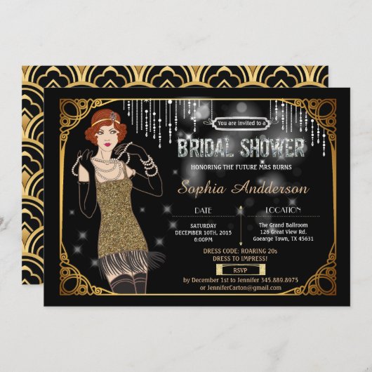 Great Gatsby bruids douche uitnodiging flapper (Voorkant / Achterkant)