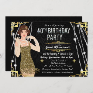 Great Gatsby Flapper Girl 40th Birthday Invitation Kaart