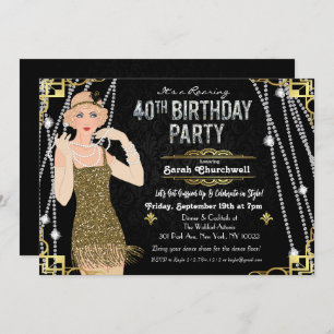 Great Gatsby Flapper Girl 40th Birthday Invitation Kaart