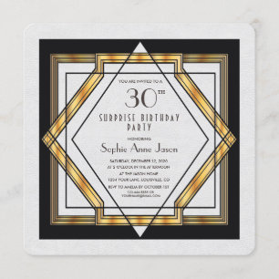 Great Gatsby Gold White Art Deco 30 Birthday Party Kaart