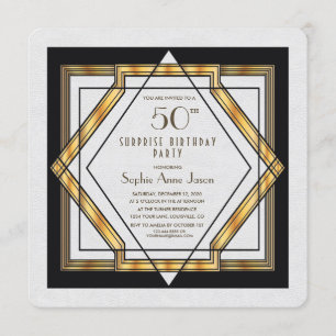 Great Gatsby Gold White Art Deco 50 Birthday Party Kaart