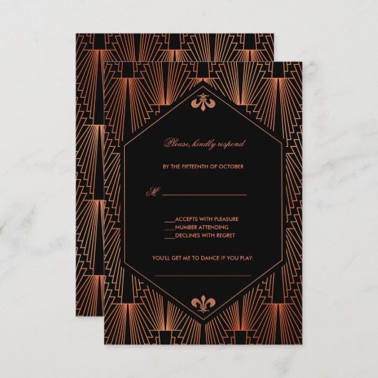 Great Gatsby Koper Art Deco Lied Verzoek Huwelijk RSVP Kaartje (Voorkant / Achterkant)
