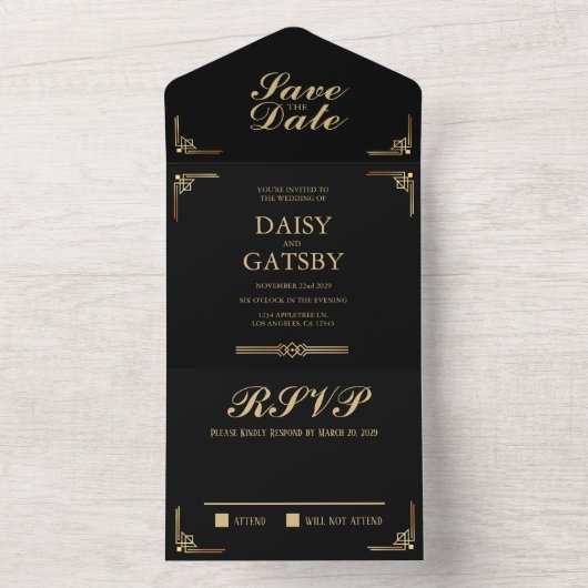 Great Gatsby Save the Date RSVP All In One Uitnodiging (Binnen)
