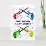 Great Grandson Guitares Carte d'anniversaire<br><div class="desc">Une belle carte d'anniversaire pour un arrière petit-fils. L'art coloré de guitare électrique avec une échelle de musique dans l'arrière - plan. On ne peut pas avoir trop de guitares. Une carte d'anniversaire de guitare très cool, célèbre l'énergie et le pur plaisir de cet instrument musical. Une carte d'anniversaire parfaite...</div>