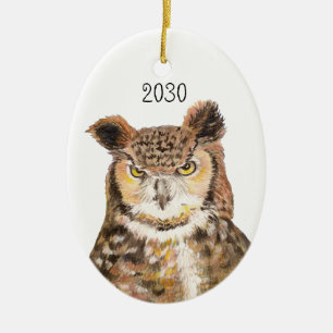 Great Horned Owl Dated Kerstversiering Keramisch Ornament