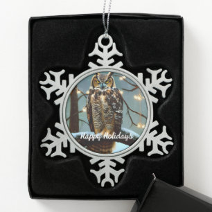 Great Horned Owl in Winter Tin Sneeuwvlok Ornament