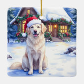Great Pyrenees Snowy Mountain Lodge Santa Hat Keramisch Ornament (Achterkant)