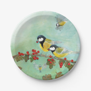 Great Tit Birds & Hawthorn Red Berries Papieren Bordje