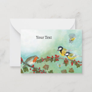 Great Tit Birds, Red Robin en Hawthorn Berries Notitiekaartje