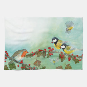 Great Tit Birds, Red Robin en Hawthorn Berries Theedoek