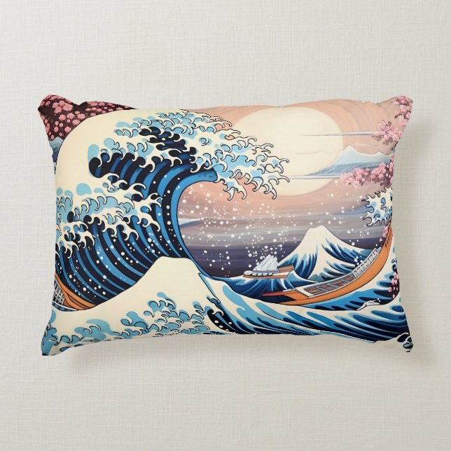 Great Wave geïnspireerd roze sakura esthetisch Accent Kussen (Voorkant)