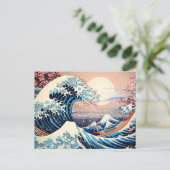 Great Wave geïnspireerd roze sakura esthetisch Briefkaart (Staand voorkant)