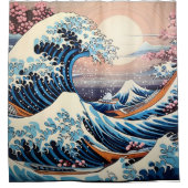 Great Wave geïnspireerd roze sakura esthetisch Douchegordijn (Voorkant)