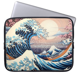 Great Wave geïnspireerd roze sakura esthetisch Laptop Sleeve