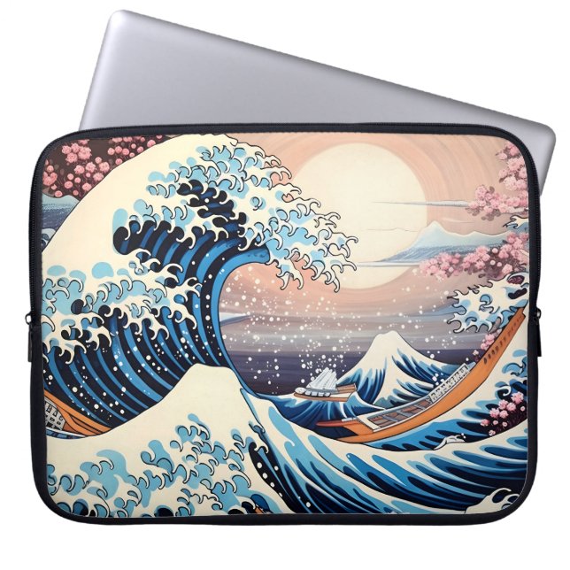 Great Wave geïnspireerd roze sakura esthetisch Laptop Sleeve (Voorkant)