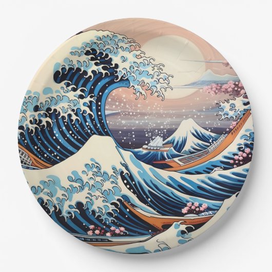 Great Wave geïnspireerd roze sakura esthetisch Papieren Bordje (Voorkant)