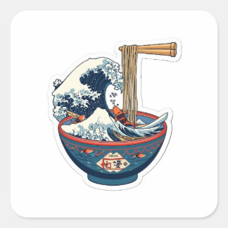 Great Wave Ramen Bowl Japanese Aesthetic 3D Art St Vierkante Sticker