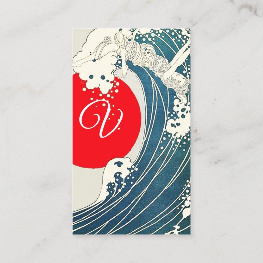 GREAT WAVE, RED SUN Blauw Wit Nautisch Monogram Visitekaartje (Achterkant)