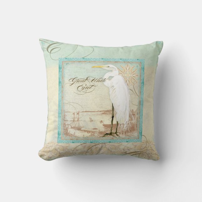 Great White Egret Coastal Beach Coussin de décorat (Recto)