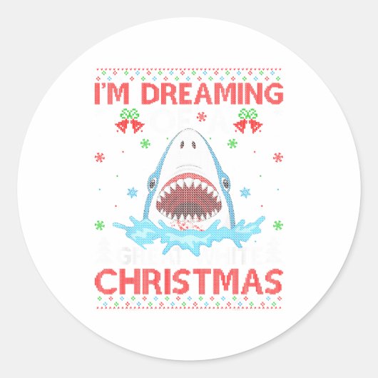 Great White Shark Ugly Xmas Sweater Shark Fishing Ronde Sticker (Voorkant)