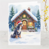 Greater Swiss Mountain Dog Snowy Cabin Santa Hat Kaart (Gele Bloem)