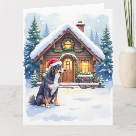 Greater Swiss Mountain Dog Snowy Cabin Santa Hat Kaart (Voorkant)