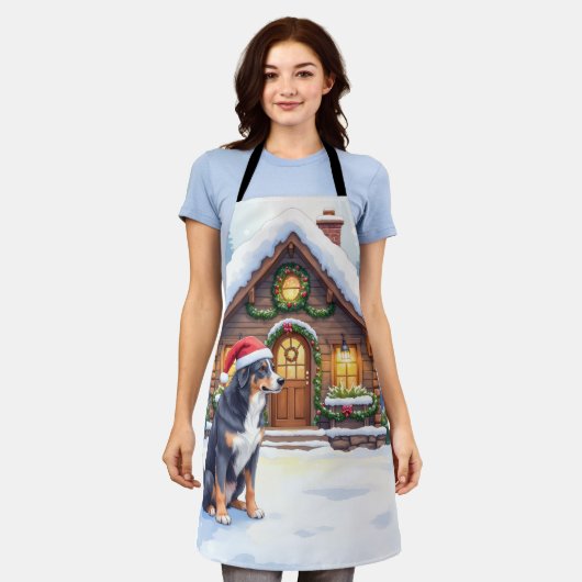 Greater Swiss Mountain Dog Snowy Cabin Santa Hat Schort (Gedragen)